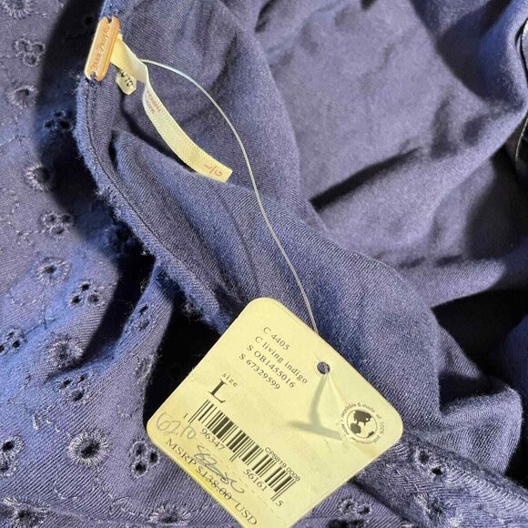 Free People Apricot Rose Mini Dress Womens Large Navy Blue Eyelet Puff Sleve - Picture 8 of 13